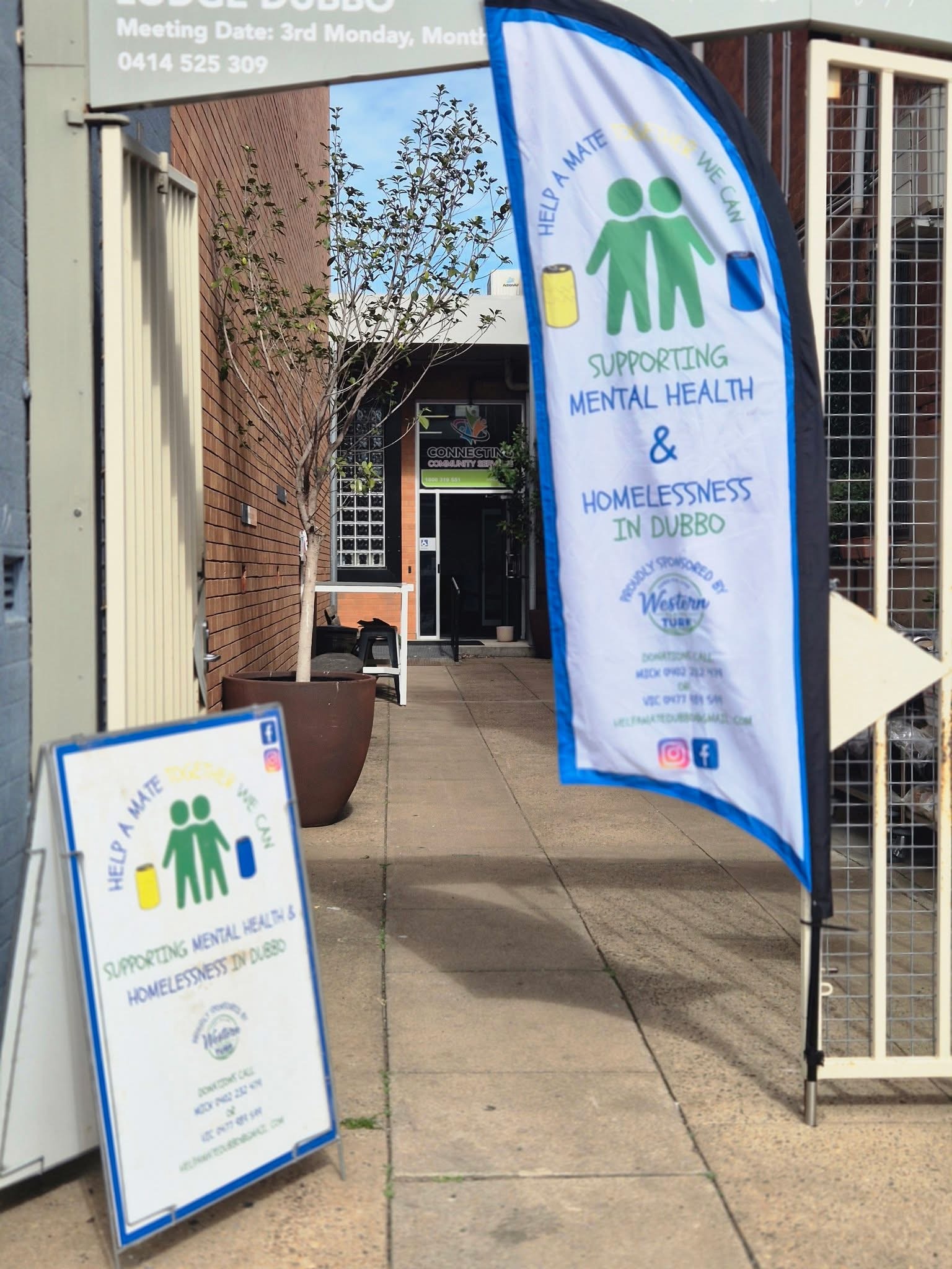 Help A Mate Dubbo entrance banner and sign